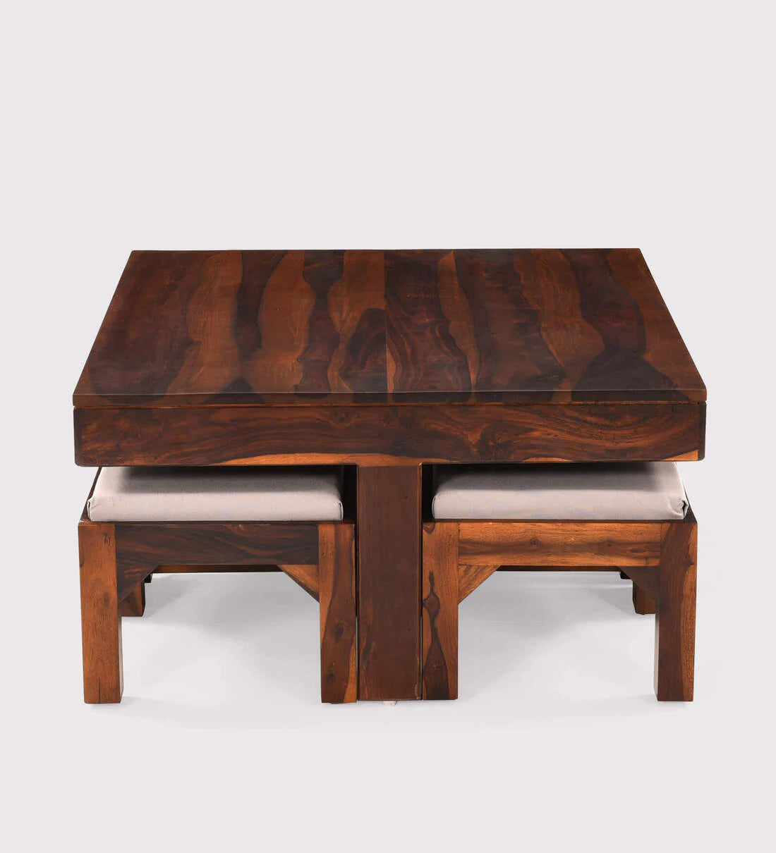 ADOUER WOOD Solid Sheesham Wood Coffee Table Set With 4 Setting Stool (Natural Finish)