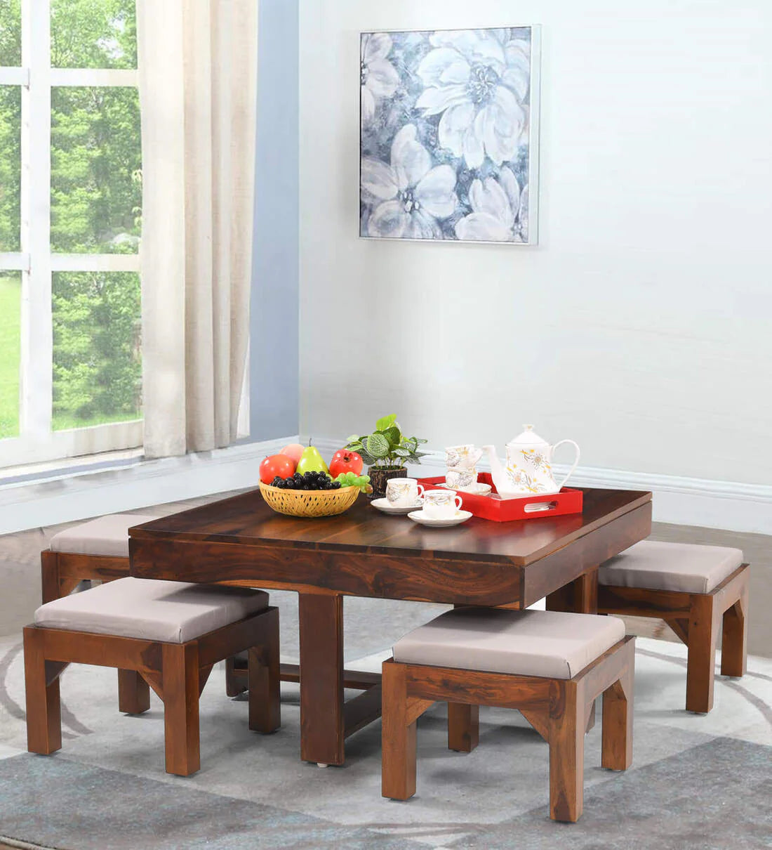 ADOUER WOOD Solid Sheesham Wood Coffee Table Set With 4 Setting Stool (Natural Finish)