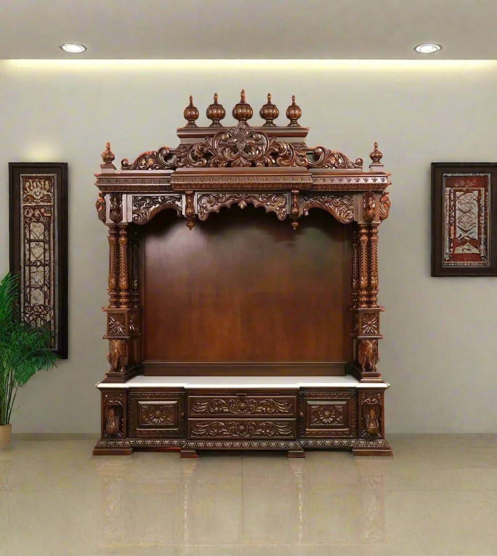 ADOUER WOOD 76'' Luxuries Teak Wood Traditional Hand Carved Pooja Mandir With Drawers (Walnut)