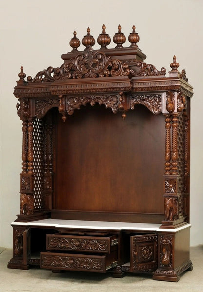 ADOUER WOOD 76'' Luxuries Teak Wood Traditional Hand Carved Pooja Mandir With Drawers (Walnut)