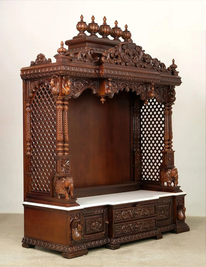 ADOUER WOOD 76'' Luxuries Teak Wood Traditional Hand Carved Pooja Mandir With Drawers (Walnut)