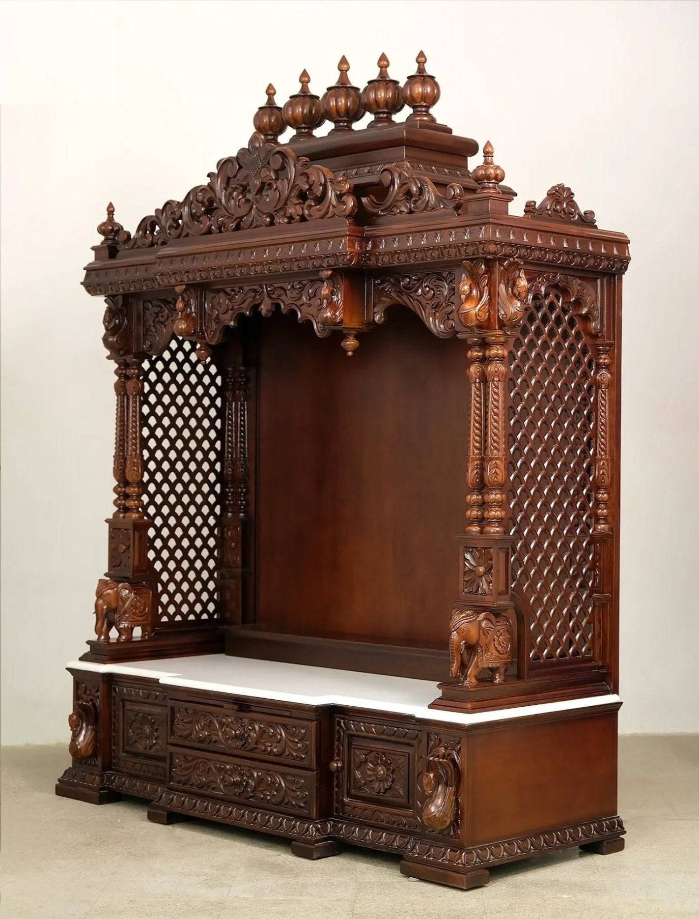 ADOUER WOOD 76'' Luxuries Teak Wood Traditional Hand Carved Pooja Mandir With Drawers (Walnut)